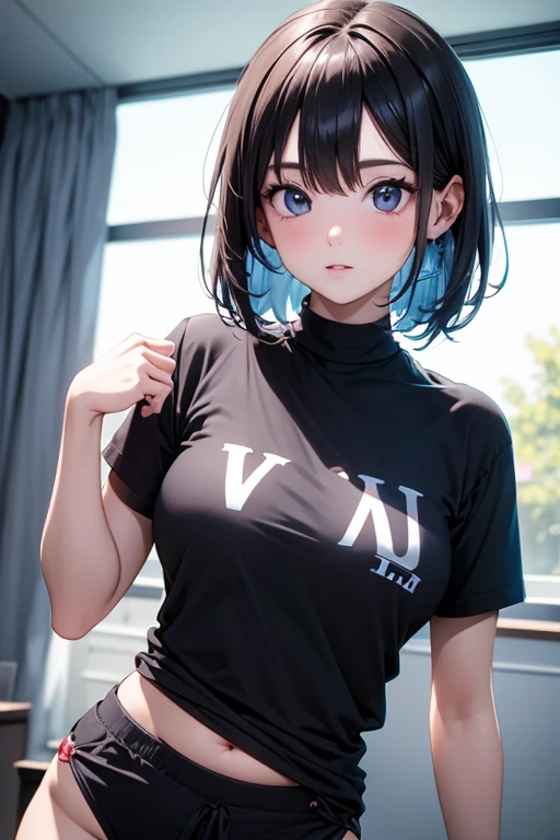 show entire body, photo image, Asian female, with a pixie hairstyle. Wearing a long blue shirt with the words on it say (hug me). With white tights and no shoes