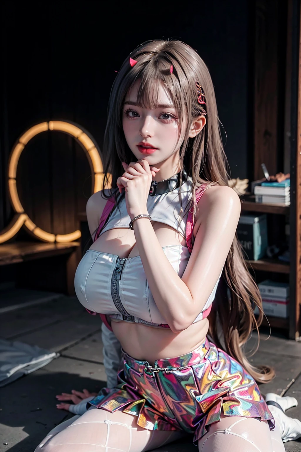 ultra-detailed、(8k、Highest quality、masterpiece:1.2)、(Realism、Realistic:1.37)、Ultra-high resolution、detailed face、(Highest quality)、(masterpiece)、Viper、nikke、long hair、whole body:1.5、((wearing Viper's suit))、perfect breast、perfect tights、perfect hip、(((she is stick out tongue:2.0、she stick out her tongue)))、finger to mouth:1.5、((in the dark、slum quarters、slum:1.5、dirty city:1.5、slum night:1.2、midnight:1.5、Neon Lights))、Seductive pose、sitting on the ground:1.5、spread legs、cute face、cute eyes、half closed eyes、envy、Enchanted eyes