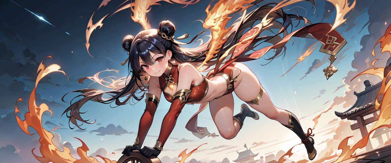 shampoo, Ranma 1/2, , bun head、Purple wide fur, double tail、Chinese traditional red dress. . Fitness, muscular, shredded abs, thick thighs, thick calves, sexy legs, thicc thighs, large hips, thin waist, small breasts, high heels, full body, thick legs, long legs. gesugao, evil smile, red eyes, sadistic, sexy, sweating, sweat, tonned body, perfect body, beautiful woman, teasing, full body shot, standing on both feet, 