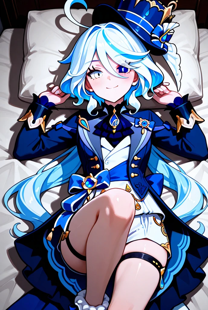1girl, solo, detailed face,SuiseiStellar, long hair, half updo, tilted crown, white shrug \(clothing\), juliet sleeves, blue brooch, blue pinstripe shirt, blue vest, half gloves, blue shorts, half-skirt, o-ring thigh strap, single thigh boot