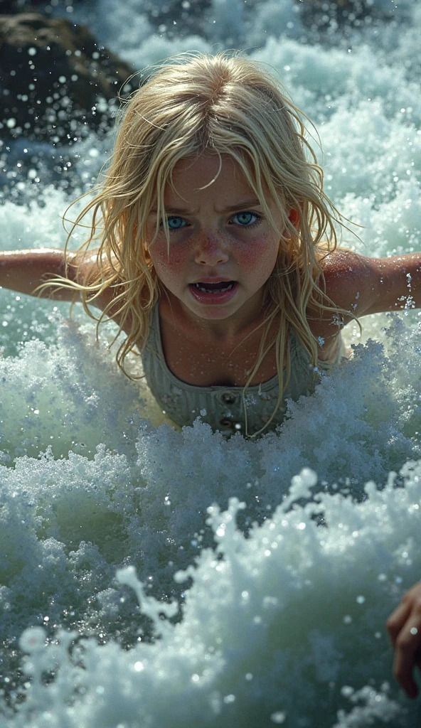 KIDS GIRL BLONDE CLOSE UP, in the middle of a storm, jesus walking on water, the sea and storms behind him, the god of the sea, epic biblical depiction, god of the ocean, bible illustration, j