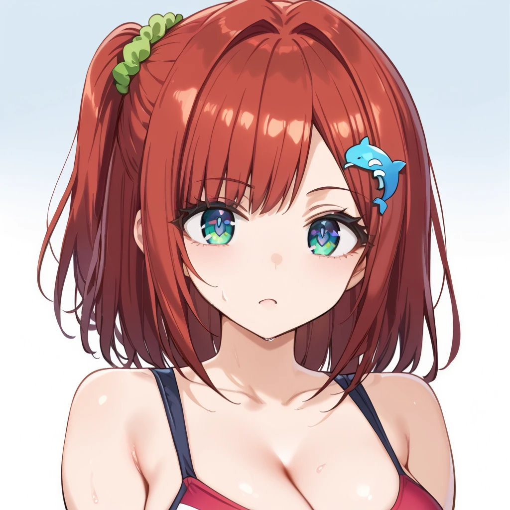 score_9, score_8_up, score_7_up, source_anime, sakimiya iruka, red hair, (green eyes, one side up), medium hair, green scrunchie, hair ornament, shiny skin,