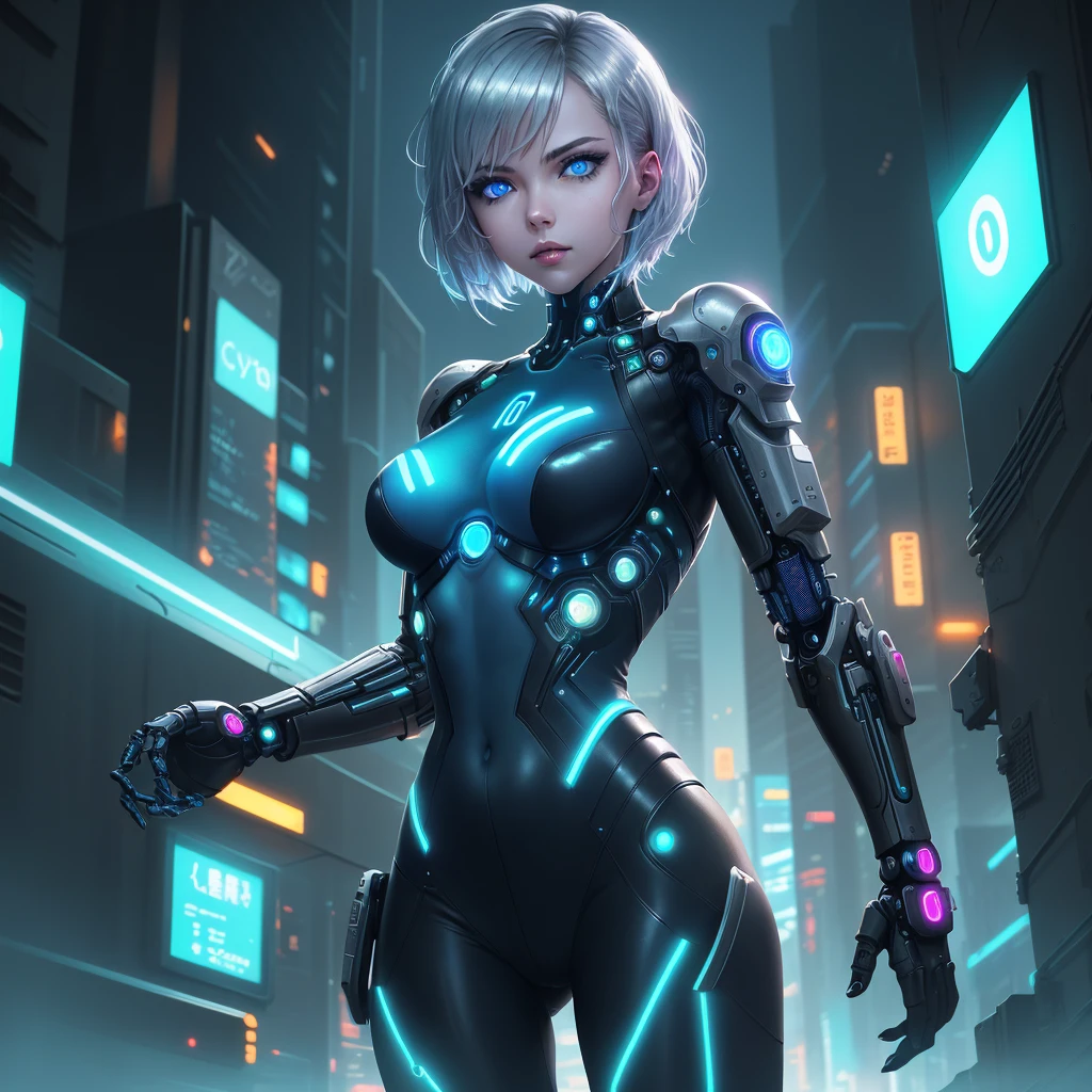 1girl, blue eyes, bodysuit, breasts, building, city,Smooth metal surface,Close fitting mecha,Part of the complex mecha structure,Streamlined mecha, lips, looking at viewer, mecha, medium breasts, realistic, science fiction, short hair, solo