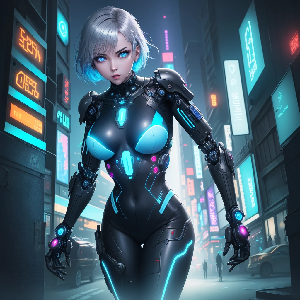 (masterpiece, best quality), perfect composition, cowboy shot, cinematic lights, cinematic pose, glare, rain, wet,
female, synth, detailed background, front view, movie poster,
cyberpunk, neon lights, inside, solo, standing, white body, metal, android, synthetic, synthetic skin, blue robot eyes, short white hair, boob window, sharp jawline,
<lora:GoodHands-beta2:1>