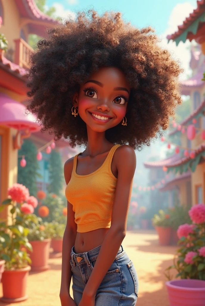 menina negra, adolescente, olho castanho, sorriso claro, flor, ao ar livre, Seu cabelo esta preso coque, Tom cinza Claro, portanto, estilo afro, encaracolado, corpo inteiro, The background is filled with an urban tone of the city, evoking a sense of lightness and happiness.