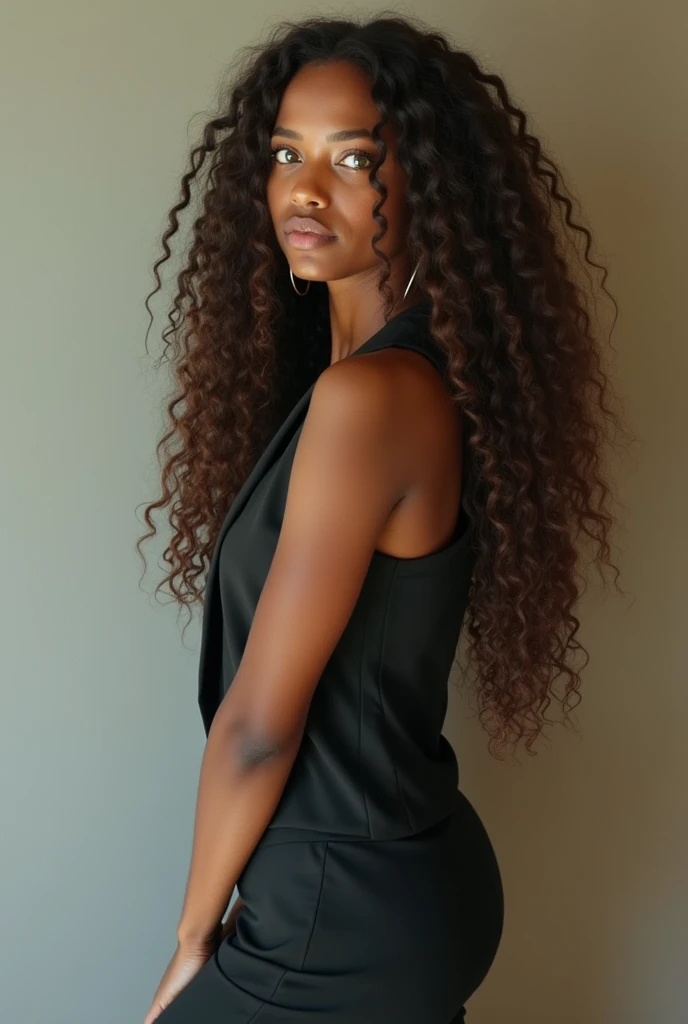 Highest quality, Ultra-high resolution, (photographRealistic:1.4), masterpiece, One girl, brown skin color, brown_eyes, from_behind, fur_trim, hair_that&#39;s all_One_eye, lips, length_hair, compensate, Looking_in_Audience, Looking_return, nose, photograph_\(Moderate\), photographRealistic, Realistic, 一人in, teeth, upper_body