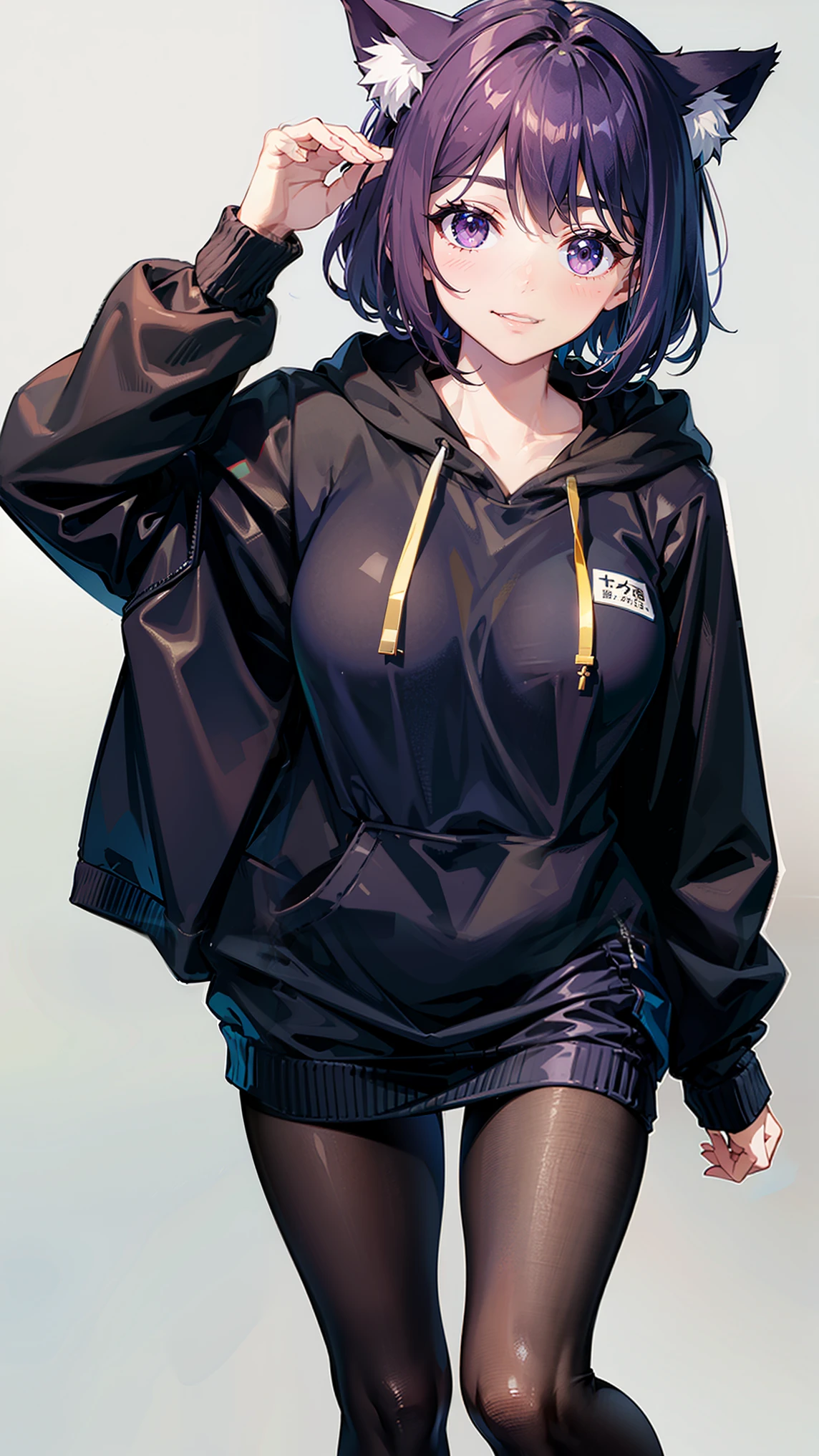 1 girl,Solo,front view from front facing viewer,medium hair,hair slicked back,dark blue eyes,Hand behind head, messy hair,(dark eyes),(cool girl),(Sharp blue eyes),(dark color),(black redHoodie) masterpiece, best quality, high quality, detailed,(medium-breasts),(gal),(hand in pocket),(overthighs)