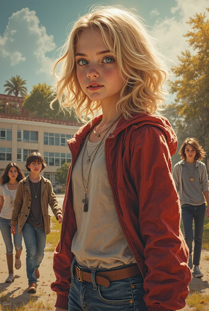A half body, portrait of 3 girls German children long blonde hair of 12 years, red leather jackets, holding in their hands a cross, background of chains, chain, more chains, many chains, , red, red fire, many background flames.