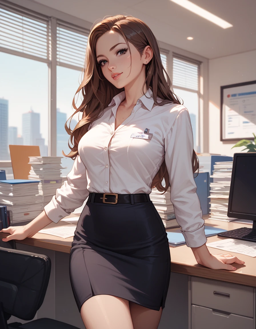 Generates an image of a beautiful young woman with an athletic body, light brown hair and green eyes, about 18 years old dressed in office clothes and a short skirt sitting at a desk