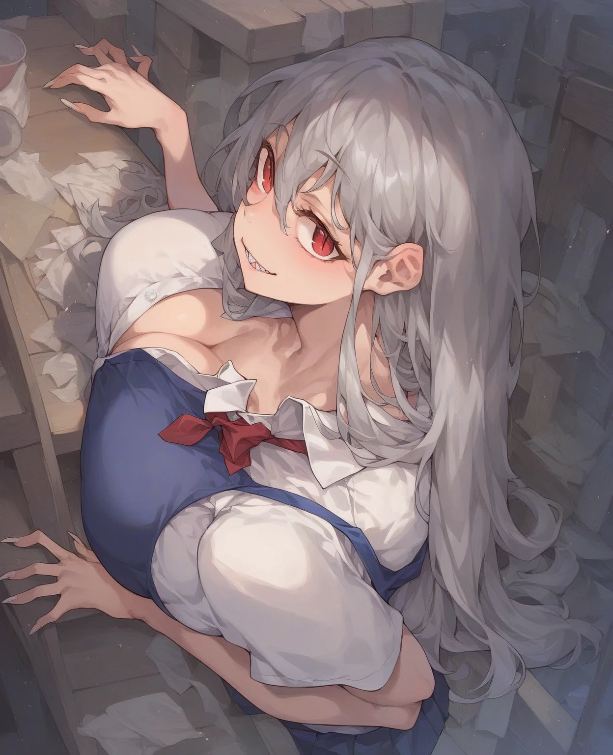 masterpiece, best quality, 1girl, looking at viewer, cute, large breasts, purple eyes, freya \(danmachi\), grey hair, long hair, beautiful detailed eyes, oversized sweater, fantasy medieval scene, (covered), face focus, full body, ((sitting)), covered thighs, covered breasts