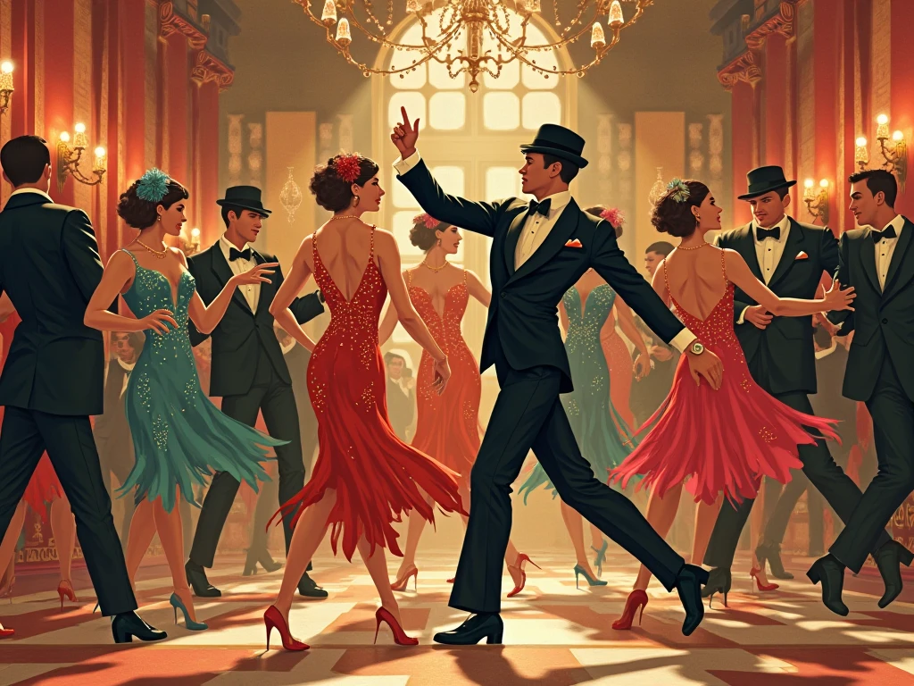 Amidst the busy streets of New York in the 1920s, a vibrant scene unfolds: jazz music floating in the air, flapper girls dancing with abandon, and elegant gentlemen taking off their hats. A imagem, A beautifully rendered painting, captures the essence of the golden twenties with impeccable detail. Each figure is meticulously represented, from the glide of fringed dresses to the sparkle of pearl necklaces. The artist's skill is evident in the rich colors and dynamic composition, transporting viewers back to a glittering era of decadence and charm.