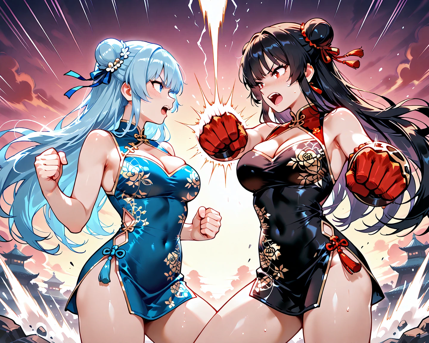 Boxing action Two women in Chinese dresses are boxing in the ring. The woman on the right hits the woman on the left in the cheek.. The woman on the left has her right eye closed, opening her mouth, and sweat.