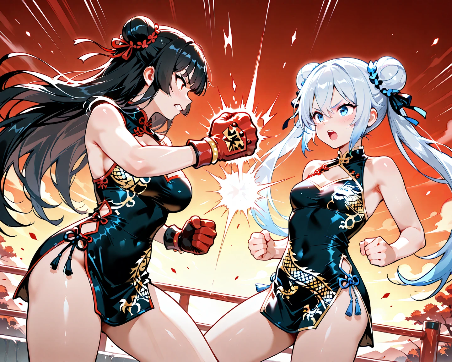 Human Boxer VS succubus queen , KOF style , Fullbody drawing , NSFW , oversized oppai , boxing rings , Wear large boxing gloves ,Wear It is embroidered in gold Highleg athletic outfit.