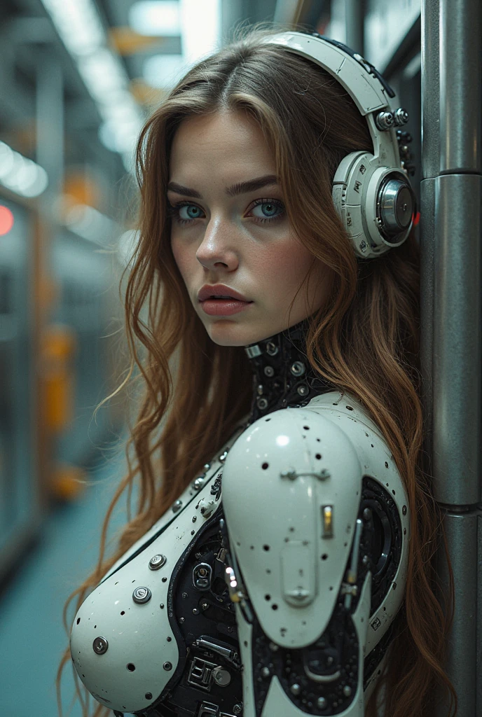 a lovely female robot, obviously mechanical, lifelike face, few open maintenance panels, standing in a machine shop on a space ship, highly detailed, intricate mechanical details, cinematic lighting, vibrant colors, futuristic, 4k, photorealistic, masterpiece, hyper detailed, exquisite craftsmanship, seamless integration of organic and inorganic elements, dynamic pose, emotive expression, cinematic atmosphere, stunning realism, mesmerizing mechanical elegance, expertly rendered