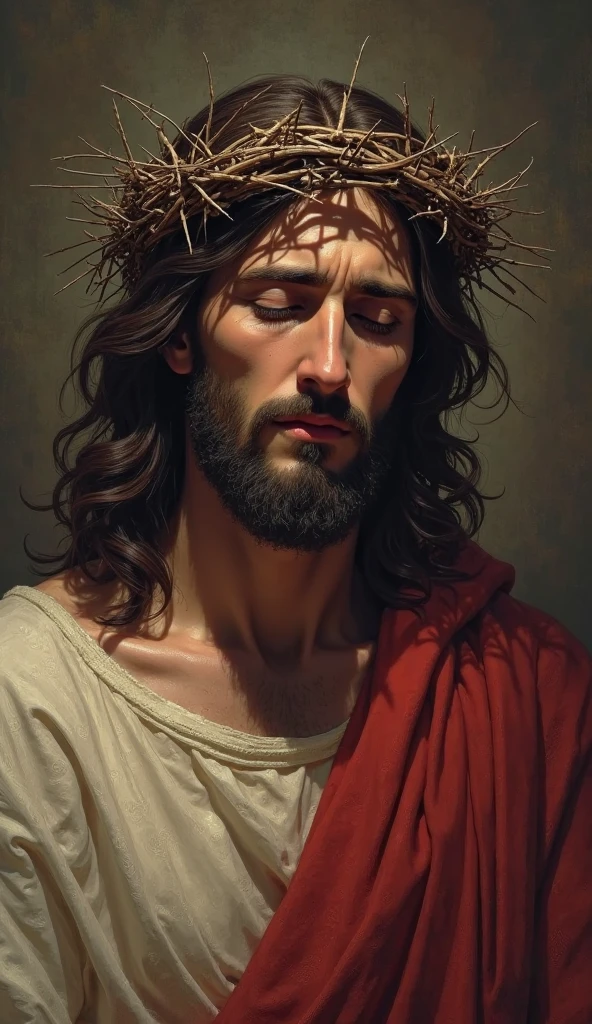 Jesus Christ beautiful and serene, in the middle of his chest a bleeding heart crowned with thorns ((sacred heart of Jesus)) as in classical (sacred) paintings --auto --s2