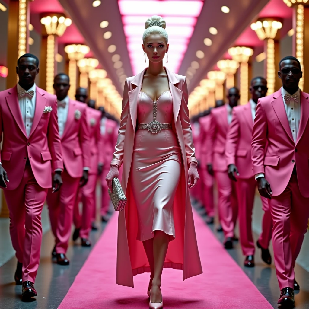 wes anderson style Marilyn Monroe is wearing a pink dress, walking on the pink carpet of the Barbie party, and many spotlights are taking pictures of her