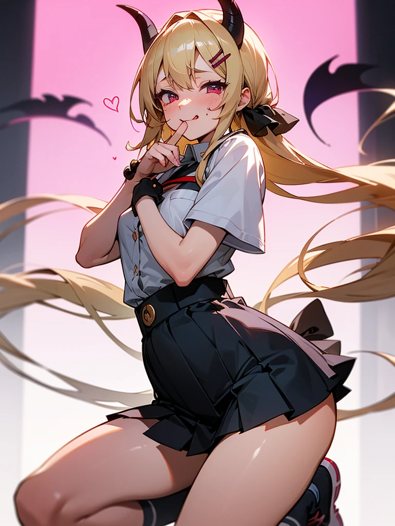 Realistic、1house wife、blonde hair、twin tail, red eyes, (eye focus:1.3,face focus),(Gradient eyes:1.3),(sexy panties, skirt
)、open mouth,(grin:1.3),forehead,cute face、((Thick thighs、Beautiful thighs)), A condescending gaze on the viewer