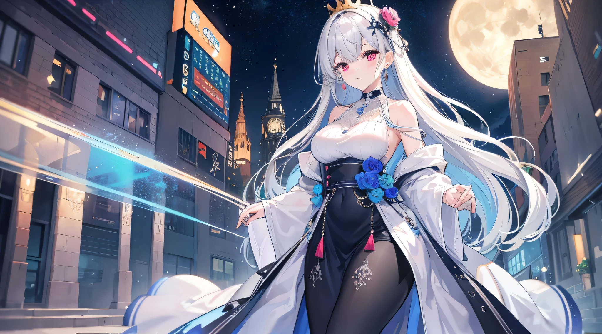 WZRY XishiYLQY, 1 Girl, long hair, Solitary, skirt, Separate sleeves, white hair, trumpet,Become a,(((Large Breasts)))Breast sagging、Low-cut(((Cleavage )))、(((Wide hips,)))(((Hourglass figure)))((Long legs)),, city View, night, looking at the audience, Cowboy shooting, Purple Eyes, Hands on Hips,