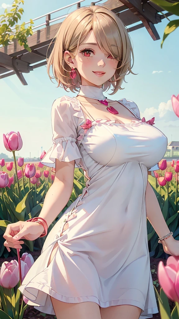(realistic,painting_style,)mature, 1girl, solo, amelia watson, virtual youtuber,blonde hair, blue eyes, choker, flower, short hair, realistic eyes, head tilt, smug, looking_at_viewer, sky, mountain, outdoors, cloud, bangs, upper body, pink flower, collarbone, orange shirt, parted lips, lips, lace trim, smile, black choker, mountainous horizon, cloudy sky, standing, holding_flowers massive mega boobies in 88k