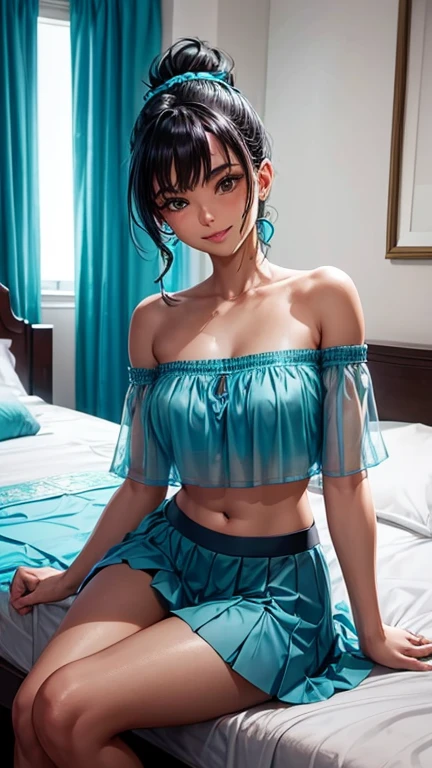 a woman, anime, face happy sleep, wearing super tight shorts nightgown, sleeping on your stomach down, back, bedroom, sunlight, beautiful color, detailed, aesthetic, high quality, panorama room