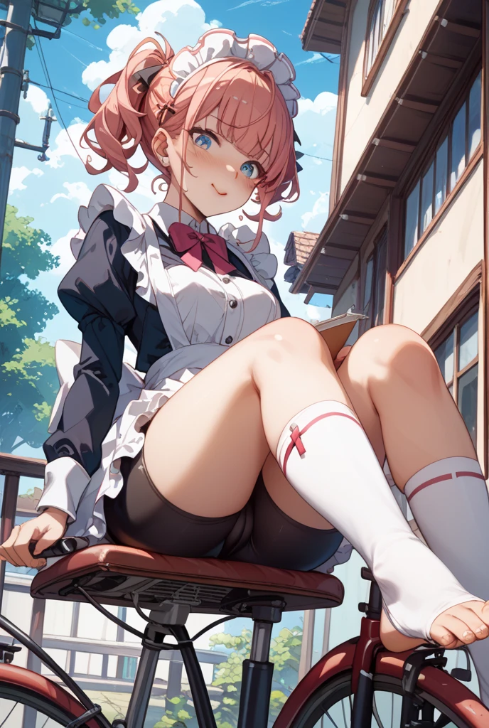 ( 4 diferent girls having sex),4 Girls with pink hair, long twintail hairstyle, ((small bushy eyebrows)), wearing gothic lolita clothing, lolicon , walking to school, flirty smile,, walking to school, bored look, bored face,, (sitting with legs open lifting her skirt to show her vagina wet with semen), (1 boy having sex with the girls, scaried young boy)