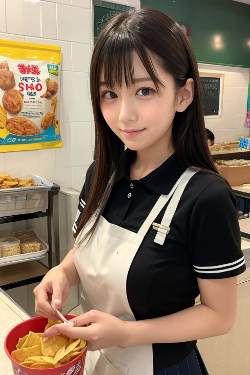A 20-year-old girl working in a store with rows of cute umbrellas（Wearing a miniskirt and apron）