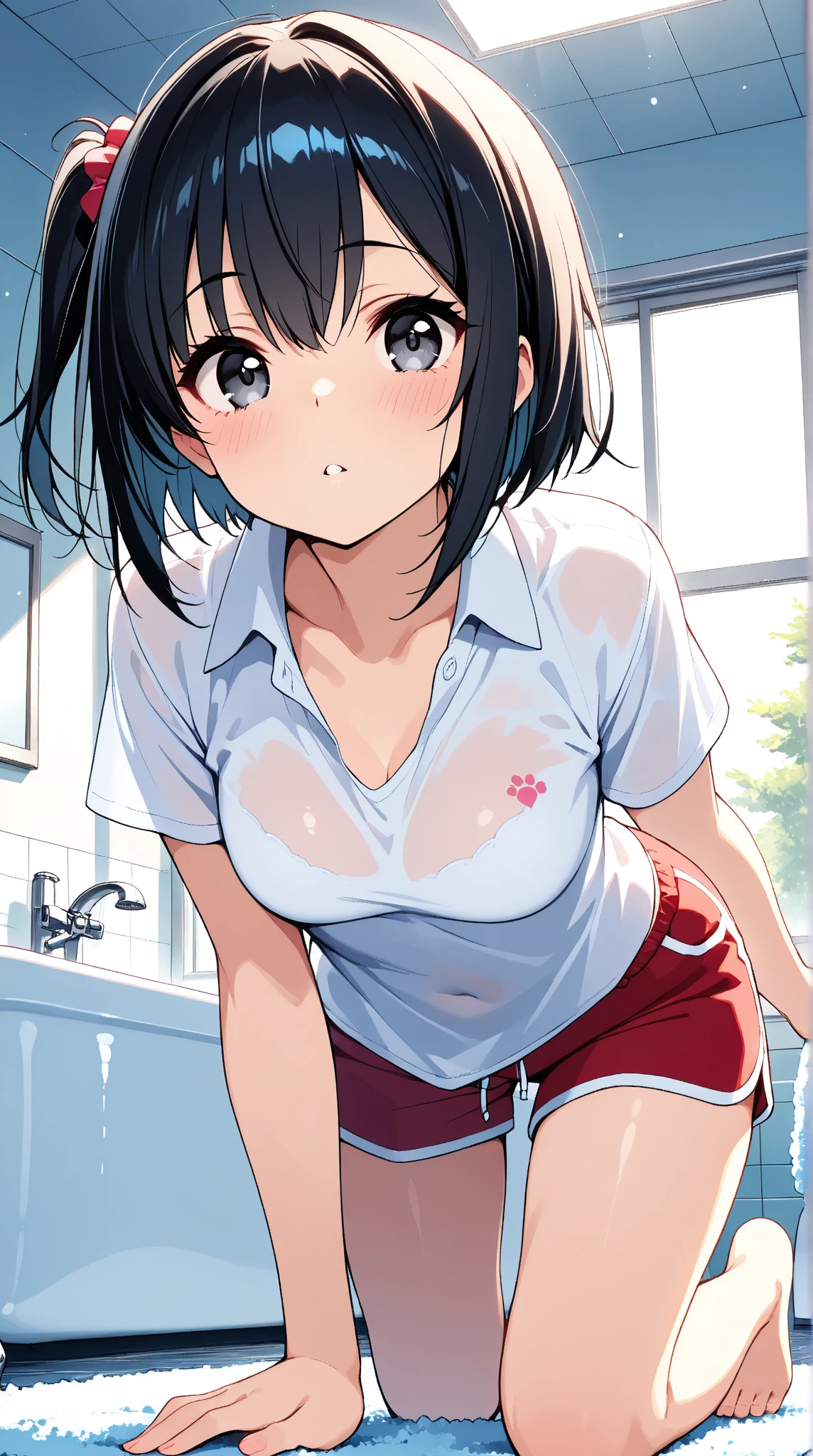 (((masterpiece, highest quality:1.2))),12 year old beautiful girl,solo,black hair,long ponytail hair,black eyes,big eyes,blunt,skinny,small breasts,shiny skin,oily skin,sweat:1.4,Love juice、Wet crotch、blush,tears,crying,drooling, school gym clothes、White short sleeve T-shirt、Red Ringer Neck, school gym red buruma,egg type vibrator,standing,Schoolyard、School、Daytime、