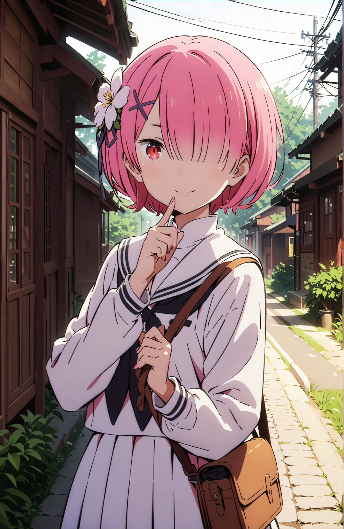 score_9, score_8_up, score_7_up, source_anime,Ram, hair flower, hair ornament, Hair on one eye, pink hair, Red Eyes, short hair, x hair ornament,smile,,close your mouth,white sailor suit,long sleeve, Black Mini Pleated Skirt , White Thigh High Socks,loafers,Student bag 1 :1,Cherry Blossoms,walking,,全身がIllustrationsに入るように,in their 40s looking at viewer,full body,
in their 40s outdoors, residential area ,
in their 40s (masterpiece:1.2), Top quality bronze, high resolution, Unity 8kの壁紙, ( Illustrations :0.8), (beautiful detailed eyes:1.6), very detailed face, perfect lighting, very detailed CG, (perfect hand in h, Perfect Anatomy),