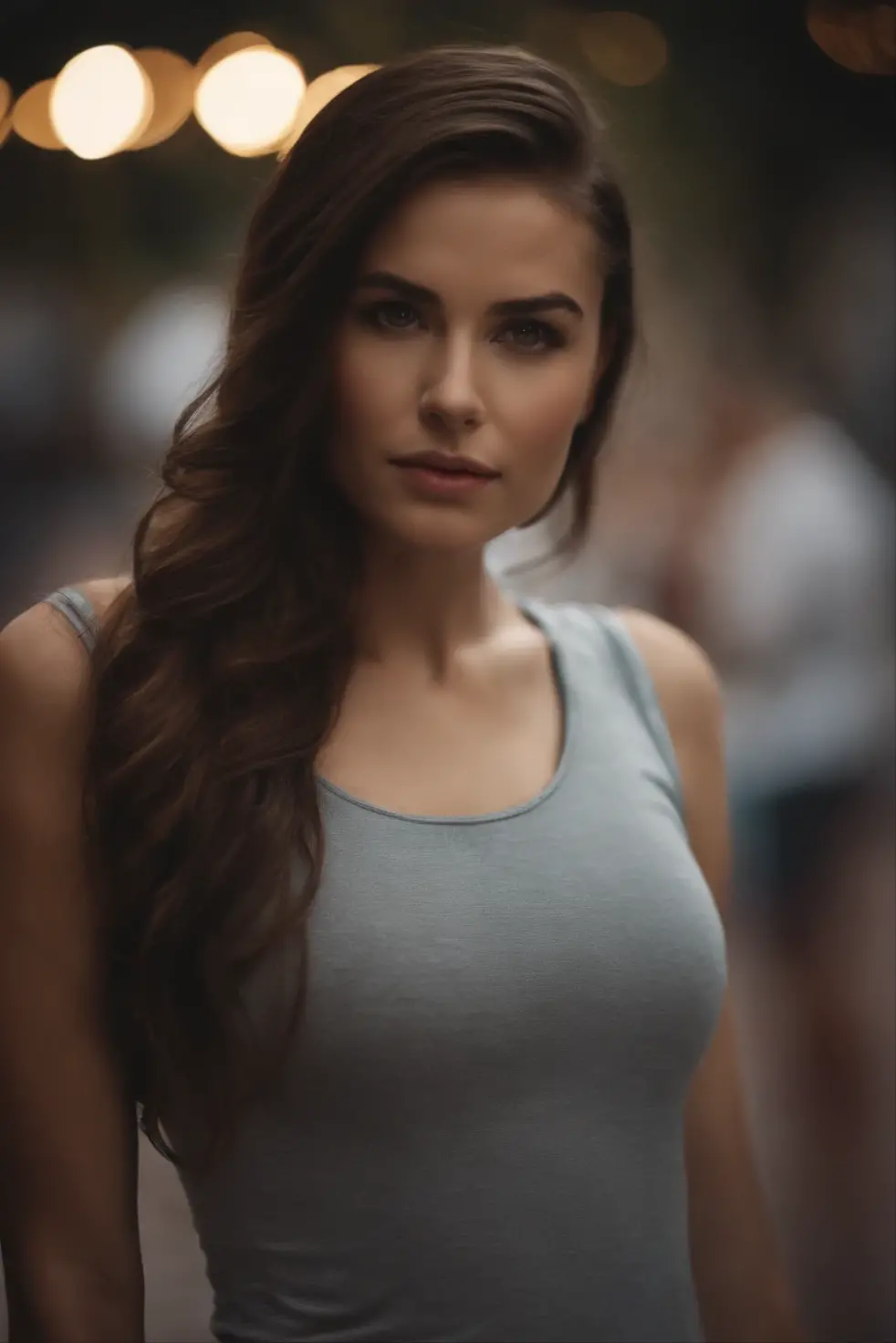 A beautiful girl taking a photo of herself in the middle of the road, wearing a (sheer lace camisole:1.47), with natural breasts, medium-sized breasts, a slender waist, and a perfect body curve. She is wearing earrings, and the focus is sharp. She has a tall stature and is a fully-grown woman. She is (gazing into the distance), with high-detailed skin and visible skin pores:1.4. The image quality is (best quality, 4k, 8k, high-res, masterpiece:1.2), ultra-detailed, (realistic, photorealistic, photo-realistic:1.37). The style of the artwork is (portrait). The color tone is (natural), and the lighting is (evenly distributed).