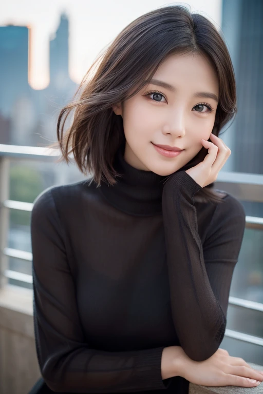 (8k, RAW photo, best quality, masterpiece:1.2), (realistic, photo-realistic:1.37), Skinny Japanese, 1girl, Cute face, (detailed face), (detailed eyes), small breasts, ((very thin waist)), looking at viewer, cityscape, professional lighting, photon mapping, radiosity, physically-based rendering, night, tight turtle neck black sweater, black leather Leggings, ((cat ears)), slight smile