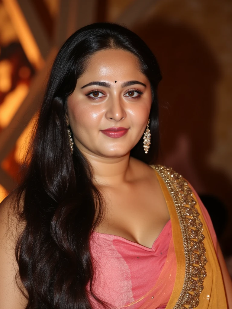ultrarealistic full body photo of a 30-year-old charmi kaur, deep neck ethnic bra, deep cleavage, Relieved exhale with closed eyes, worm's eye camera angle, 80s hairstyle, perfect eyes, looking at camera, film grain, day time at storage room, beautiful bokeh