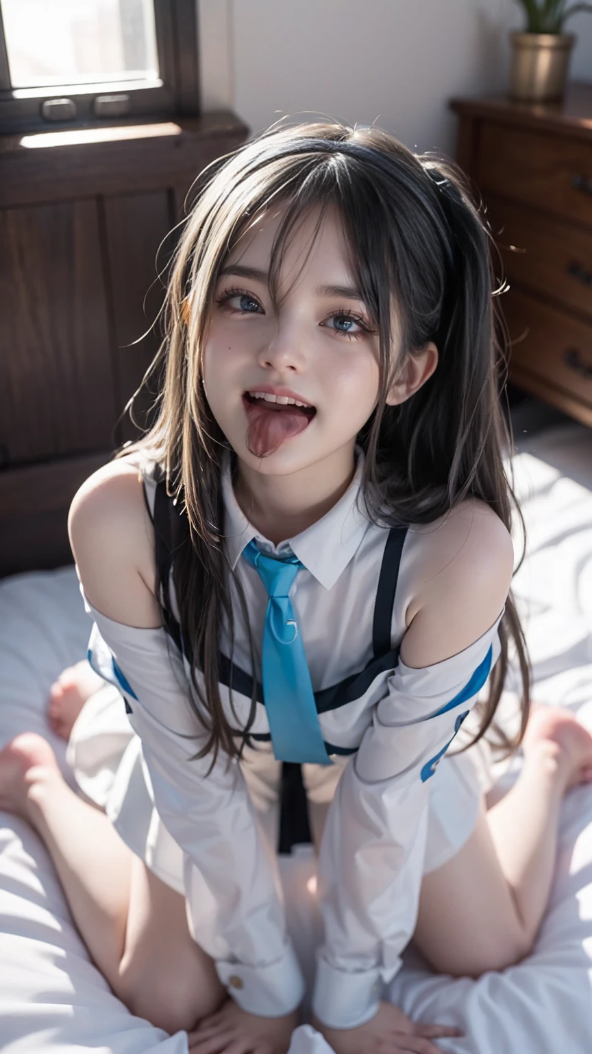 Top quality、Excellent detail、Extremely detailed depiction、Perfect Anatomy、((Raw photo))、Delicate skin、Ultra-high resolution、Photorealistic、Japanese girl、Mischievous Smile、Tongue sticking out a little、(Baby Face、Twin tails、School Swimsuit、Off the shoulder、Smaller breasts、looking at the camera:1.4)、(Sitting:1.3)、(Spread legs:1.5)、Full body shot