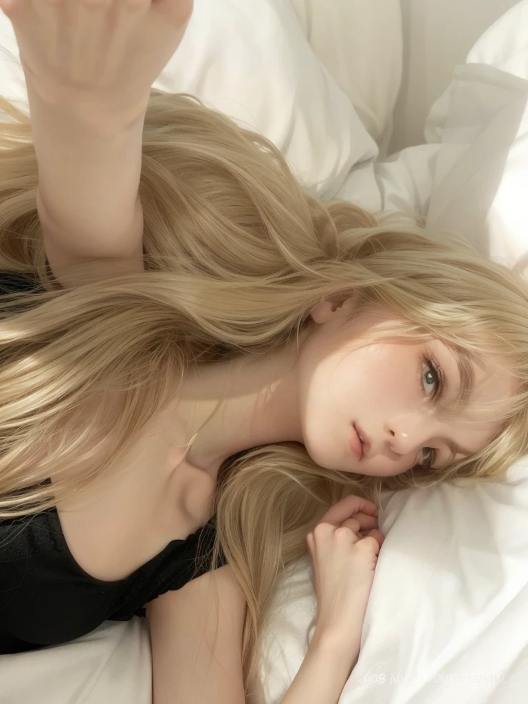 une femme blonde de 18 ans sexy et mince , black short sleeve nightdress, sur un lit, se touche,position sey,sensuel,doggystyle,