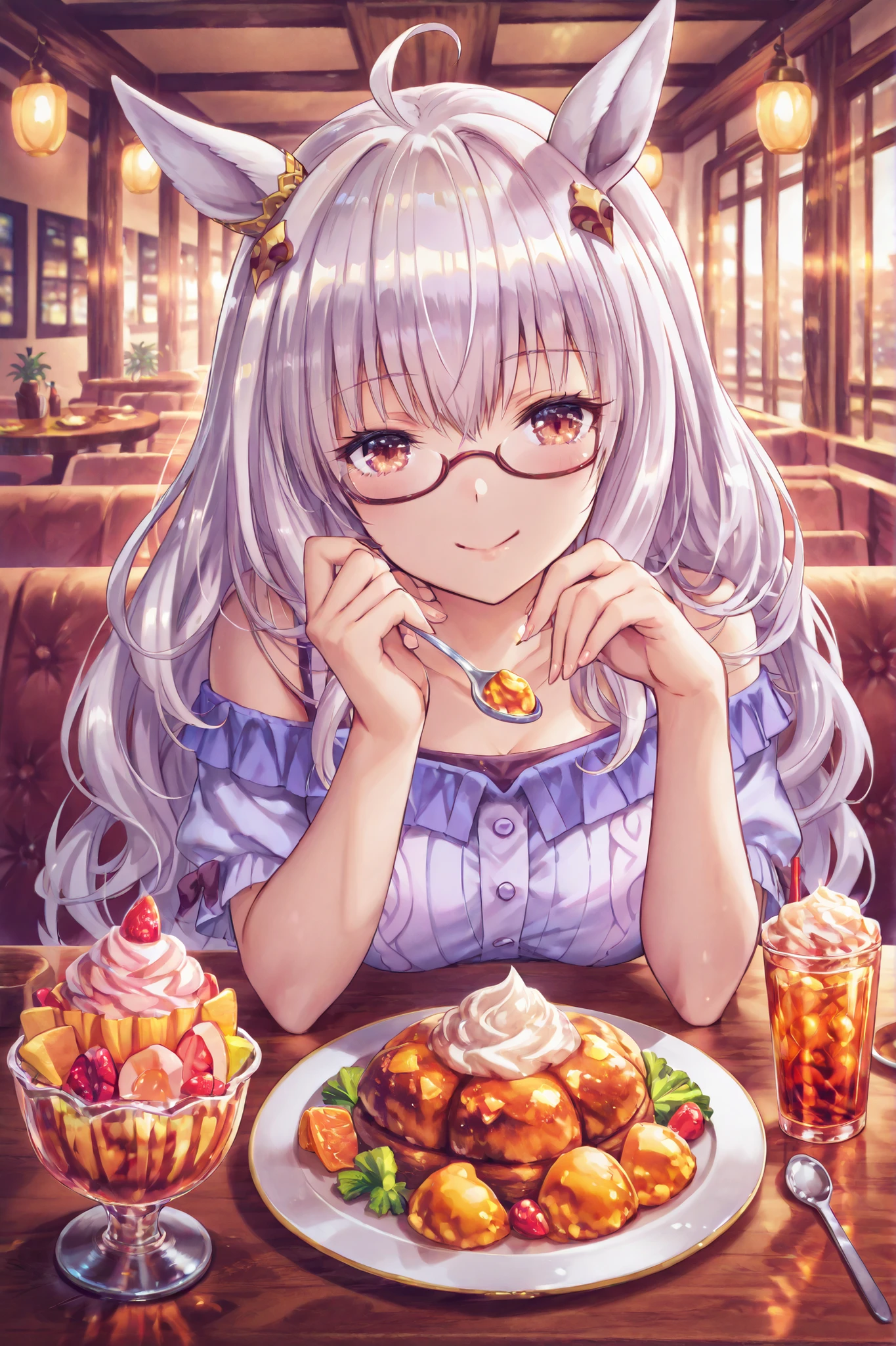 Biwa Hayahide (Uma Musume), casual outfit, sitting across the table in a cozy restaurant, holding a spoon with food, offering it with a bright smile, warm lighting, romantic atmosphere, detailed table setting with plates and drinks, anime style, vibrant colors, highly detailed, cinematic lighting, 4k