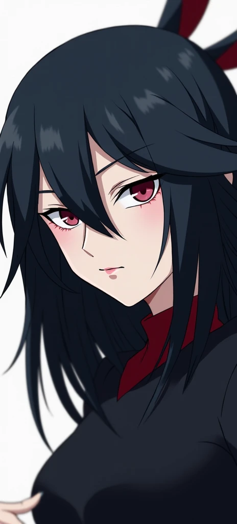 a girl with long blue hair and black eyes and Dark circles under the eyes wearing a black shirt, portrait gapmoe yandere grimdark, attractive matoi ryuko, gapmoe yandere grimdark, anime poster film still portrait, ryuko matoi, anime portrait of shiina ringo, akasuki brightmind, koyoharu gotouge, akane owari danganronpa