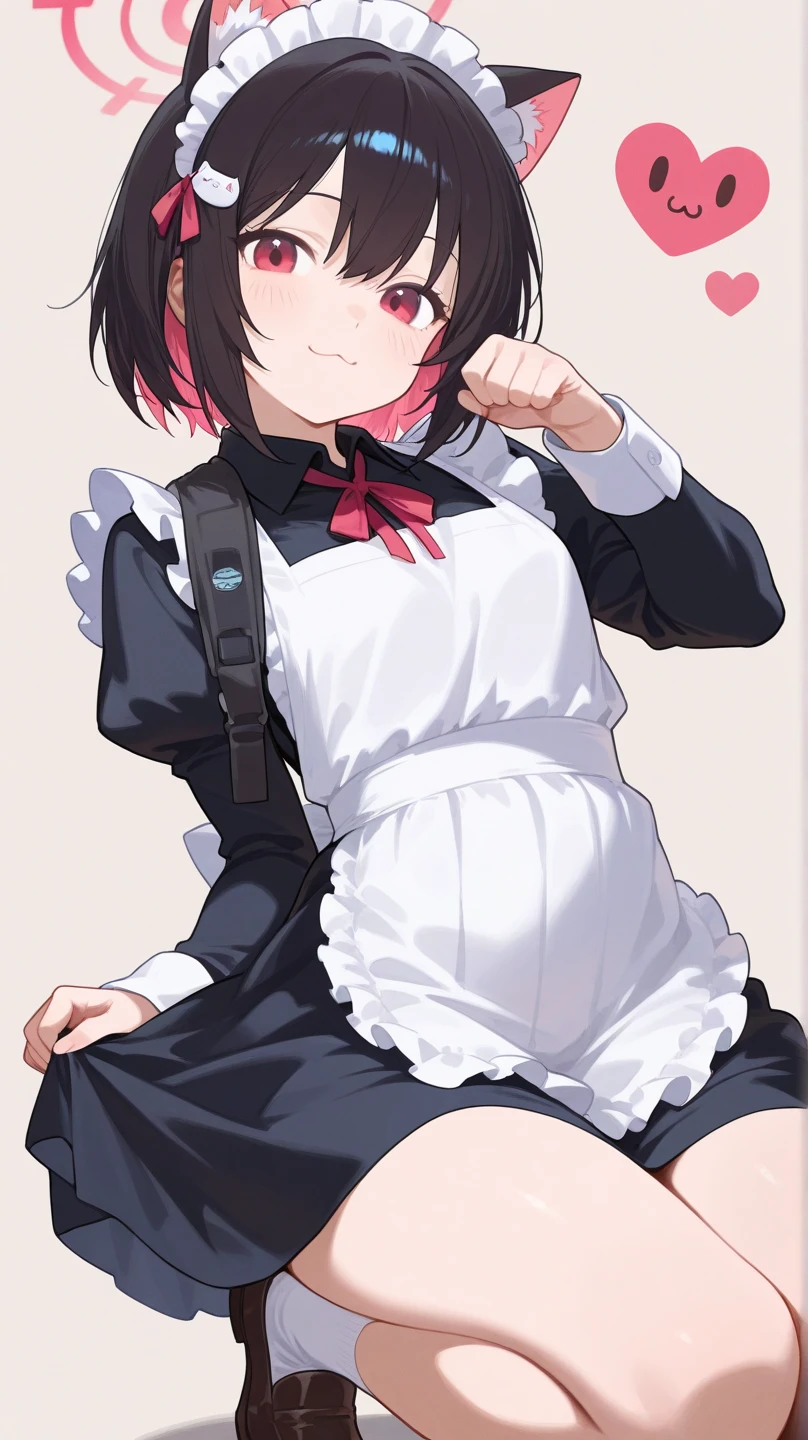 1 girl, alone, ppka, black fur, short hair, messy fur, Ahoge, wellrts, wellrts all over the body, grey eyes, blind eyes, kind eyes, blushing, nervous, cute look, looking at the viewer,
take a maid, maid, maid miniskirt, long sleeve maid outfit, wide sleeves, long white glove, white apron, maid gloves, White thigh high socks, white Calcetines, maid hat, panties attached to stockings, lingerie,
Exposed part of the arms, exposed thighs, exposed parts of the thighs, Exposed panties, visible panties,
Strong wind, skirt that lifts the wind, skirt that lifts the wind,