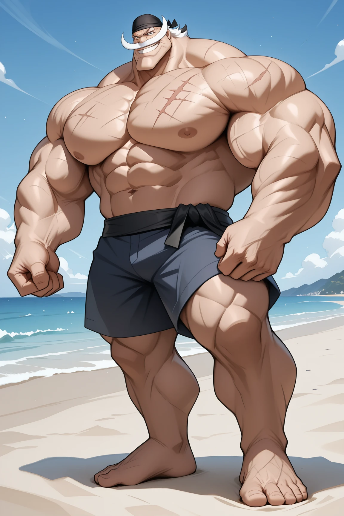 beach, back view, extremely huge muscular, massive muscular, full-body, well-muscled old man in a white shirt and showing back muscle. ((extremely muscle size, super thick arms, huge back, extremely wide back and shoulder , huge arms)). and add details to make it attractive and interesting. Add textures and details to make the image more realistic, such as the appearance of the shirt texture and the appearance of the skin. Make sure the resulting image is high resolution, 8K quality."