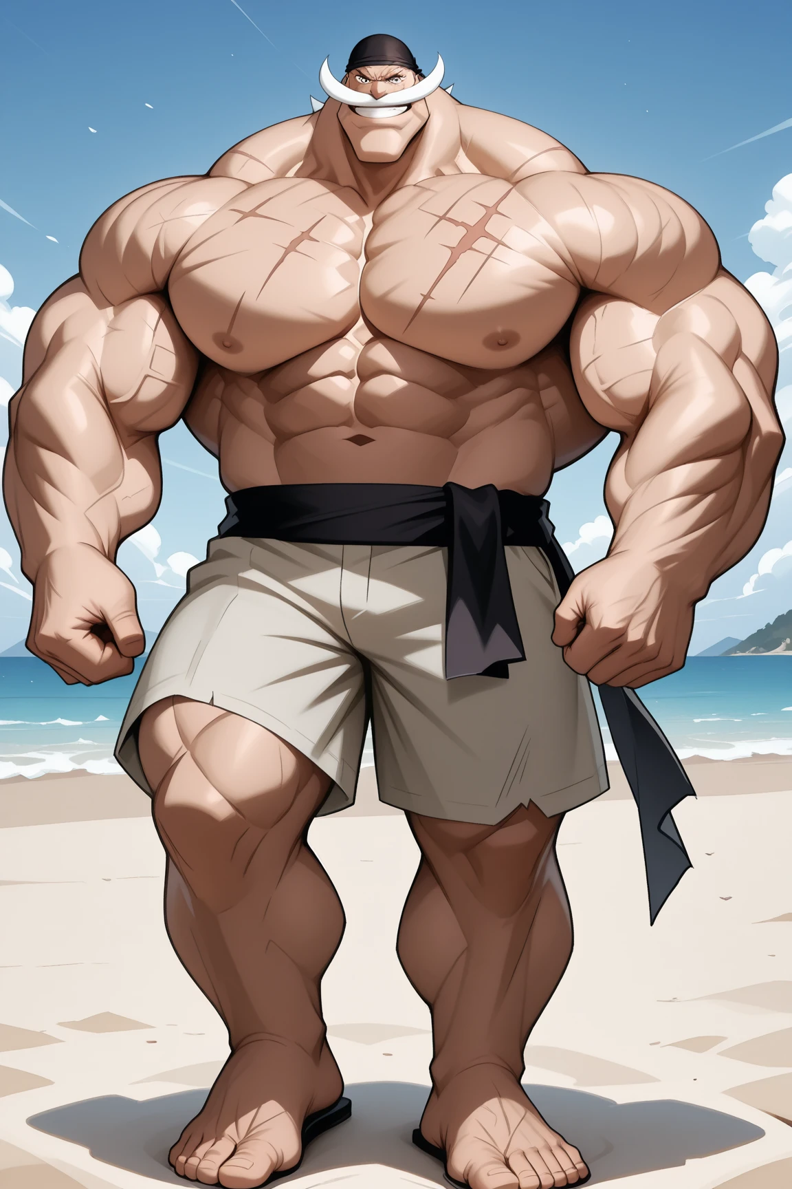 A close up photo of yami sukehiro, muscular, huge muscles, hyper muscles, hyperrealistic, goatee, black hair