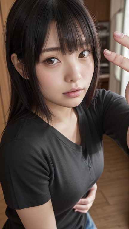 big breasts, ponytail, black hair, 1 girl, beautiful and detailed eyes, cute, professional lighting, highest quality, well-groomed face, beautiful,  whole body, indoor, beautiful woman, one knot,(from below:1.5), (look down, View with viewer:1.5), from below, knit, shorts