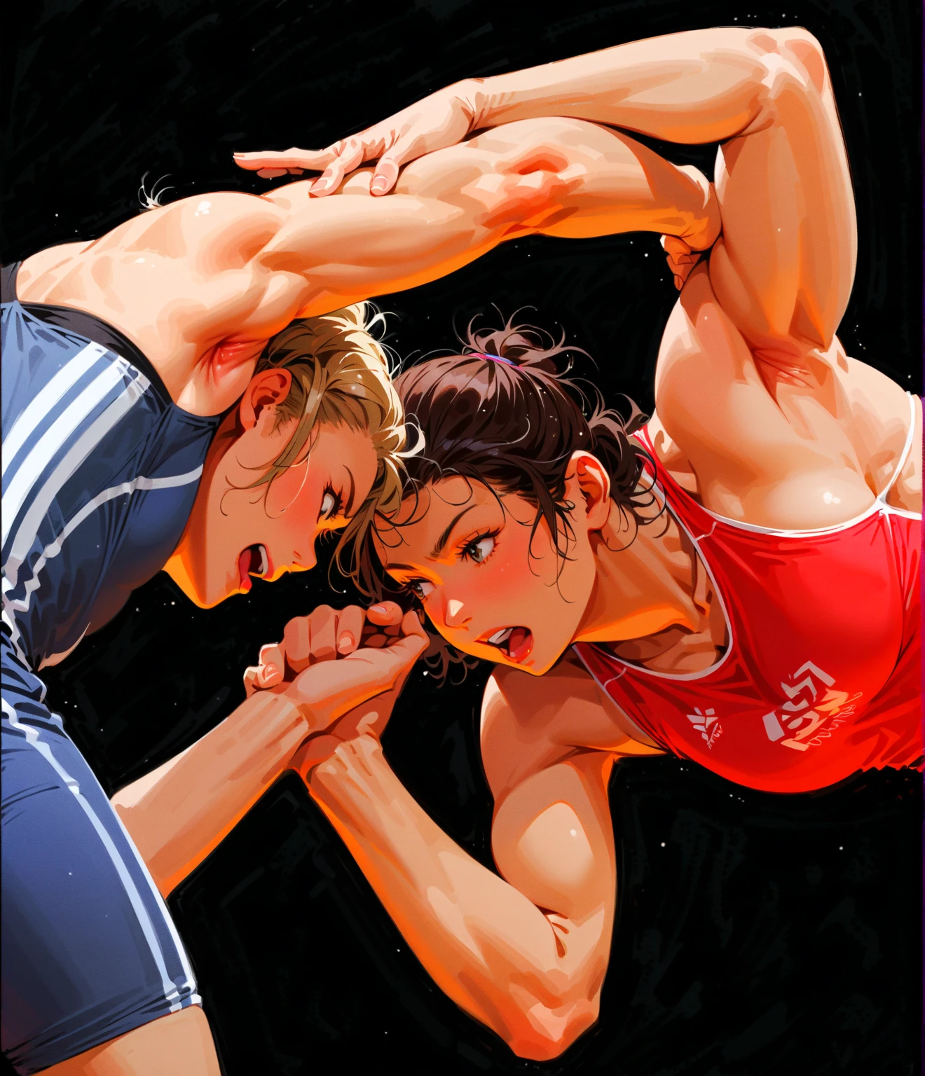 Women freestyle wrestler, sweaty, short hair, wearing in wrestling singlet and sneakers 