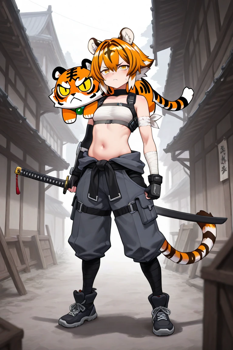 master-piece,hyper quality,hyper detailed,perfect drawing,1 beautiful girl, tiger print bikini, tiger ears, tiger tail, tiger palm, tiger paws, tiger fingers, sharp claws, sharp fangs, hunter's eyes aiming at prey, black hair and blonde mesh, sharp eyes, height 177cm, three sizes B95W60H90, (extra huge Oversize Cool samurai_sword in hands, extra huge cool weapon machine)), open stance, action pose, Perth the Brave