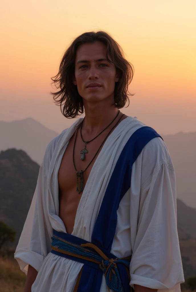 An illustrated movie poster, hand-drawn, full color, a male ranger, 22 years-old, resembles Dean Cain, wearing a linen tunic and a shemagh scarf, fair skin, stocky physique, deep brown eyes, wide bulbous nose, black hair, curly quiff, thick bushy eyebrows, extremely hairy chest, stomach, and arms, lots of body hair, posing on a tropical beach, hard shadows, graphite shading, stencil markings, airbrushed acrylic paint, masterpiece, in the style of Lord of the Rings