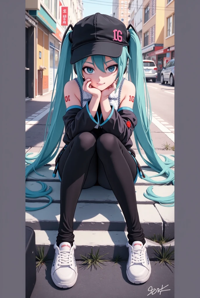 Hatsune Miku sat on the ground，White shoes and socks are clearly visible。