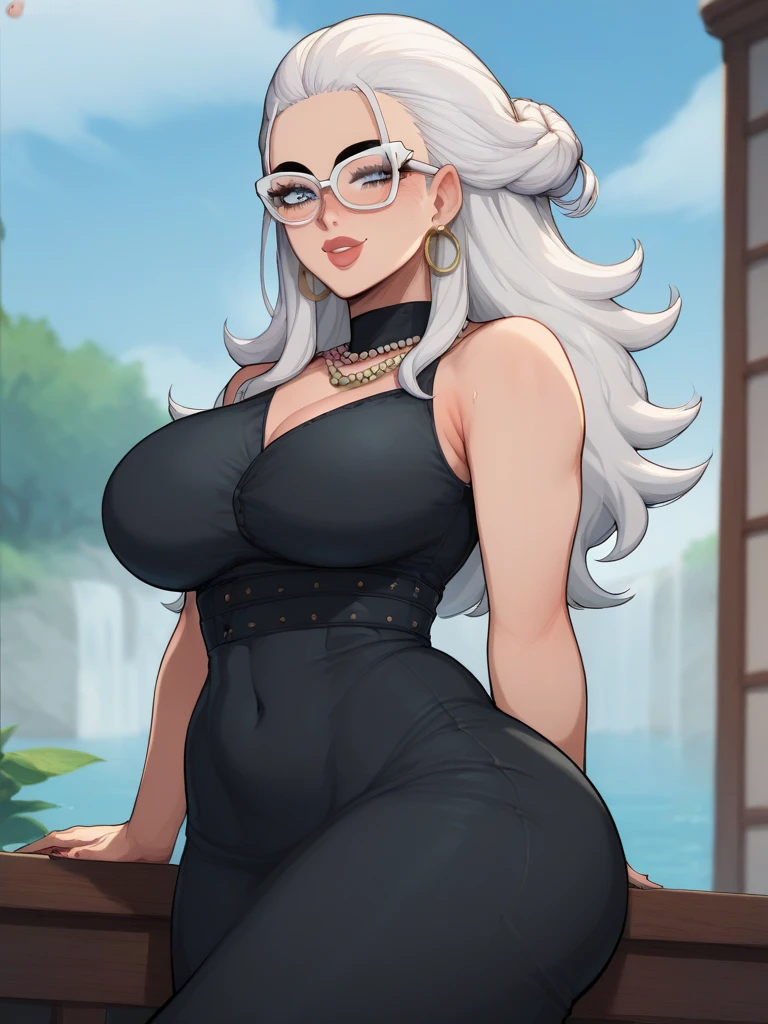 plush doll, feminine, giant breasts, giant butt, curvy, thick thighs, feminine appearance, short stack, sexy, pretty, goth, ultra-detailed eyes, 8k, good quality, white hair, green eyes, glasses, business suit, blazer, secretary, necklace, choker, bimbo, elegant, standing, dark makeup, evil, villainess, 1girl, front facing, beauty mark, detailed face, lace pants, frilly black blouse, platform heels, augmented butt, augmented breasts, butt implants, breast impants, lip fillerm forest background, double breasted suit