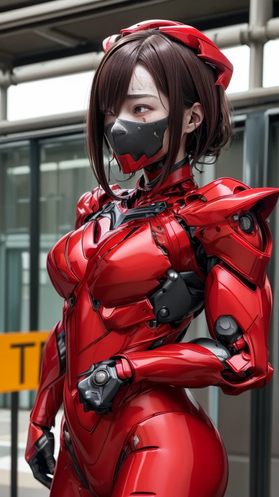 Rough skin, Very detailed, Advanced Details, high quality, 最high quality, High resolution, 1080P 、、Red Armor、Wearing red and black、cute((During a break))(破損したwoman用ロボットスーツを着用...)(Red Armor)(Broken Armor)Black Hair、、Soaking wet、Soaked Face Beautiful Face、Hot look knock down、よだれing from the mouth、woman (Steam coming out of the face) ((Steam from the body)) Filming location I can see the vagina To be released look up Remove head gear