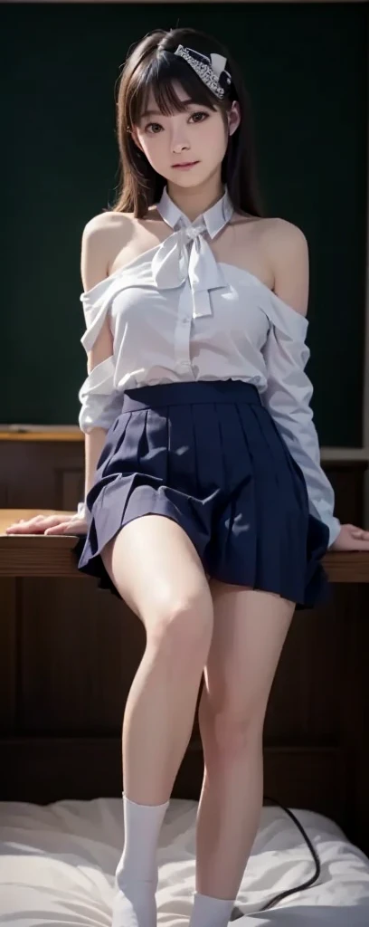 Japanese women, (smile:1.05),Browsing Caution、8K,Highest quality, masterpiece, Very detailed, 超High resolution, Realistic, RAW Photos, , Absolute Resolution, Complete limbs、Complete Anatomy、Perfect beautiful skin、cute女の子1人,cute女の子 、(smile:1.2)、ta Girl、(school uniform:1.3)、(A thin, sleeveless white shirt:1.1)、((((If you raise your right hand above your head, you can see your armpit.))))、((((左手でPleated skirtを掴んで捲るとWhite pantiesが確認できる))))、Accentuate your thighs、cute女の子、 Japanese Girls、(Bright room:1.2)、Mix 4, (16K, Raw photo, Full body view from knee to head、Best image quality, masterpiece: 1.45), (Realisticな, Photorealistic: 1.37 Two Girls, cute, Professional Lighting, Photon Mapping, Bright room, Physically Based Rendering, Dark brown long bob hair,Beautiful, well-groomed eyes、double eyelid、With a girl, (((A sleeveless white shirt worn by a Japanese high school girl、Pleated skirt、Dark blue short socks、loafers))), Highest qualityの写真, High resolution, 1080P, (Clear Face), (Detailed face description), (Detailed hand description), (masterpiece), masterpiece、Rich details、(Beautiful Faces)、(Highest qualityの写真)、(Detailed eyes)、 in front of you、Thin clavicle、((Slim and large))、(((A thin sleeveless shirt allows the bra to be seen through)))、((Pure Idol))、((Bright roomで立っている))、(A shot of a girl looking up from below)、(((((White panties))))),smile、Draw the whole body、No nasolabial folds、(((Large firm breasts:1.2)))、Firm big ass、Two arms and two legs、(((from the front:0.4)))、bare hands、Symmetrical eyes