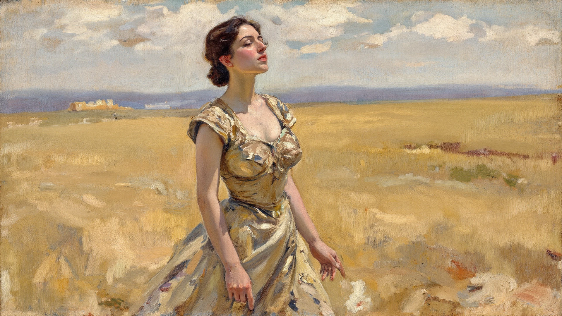 alone in the universe, in watercolor style, Photorealism, discreet golden and ruby and mint shades, (nude) gentle modest thin girl (with a very beautiful exquisite face) southern type with short dark hair with beautiful breasts with tender nipples (barefoot) in a long orange skirt walking in the distance (Across the desert) (and carries an earthenware jug in his hand), stunted little plants, drought, precious jewelry on the neck and chest and on the wrists, precious bracelets, ankle bracelets