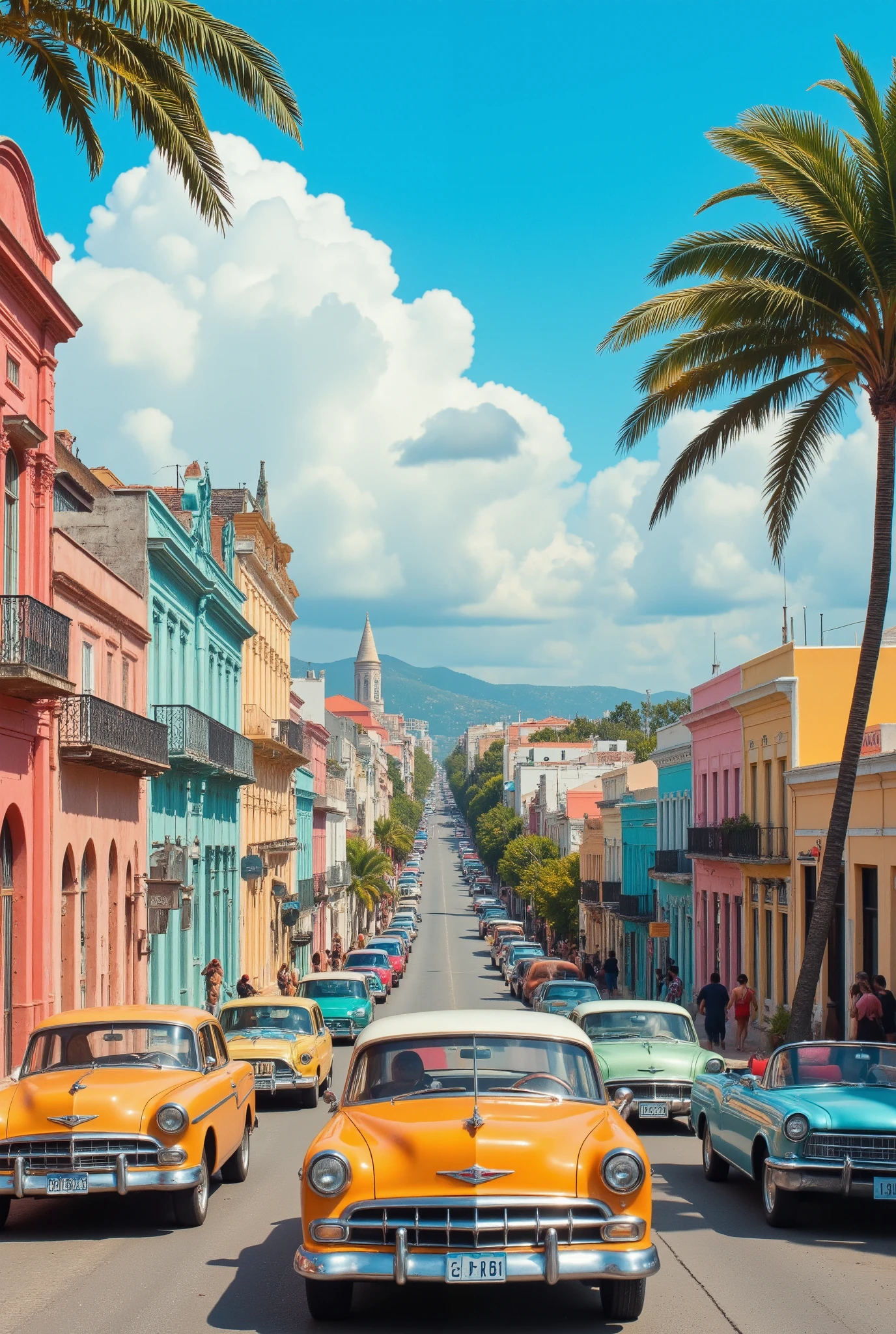 masterpiece、Highest quality images、Cuban Cityscapes、  Colorful houses々Classic Cars Driving on the Road Between Buildings、outdoor、colorful road、Clear Skies and Light Clouds、Cheerful Afternoon in the Caribbean、 Detailed Bahamian Streetscapes、Views of the cityscape、nature。