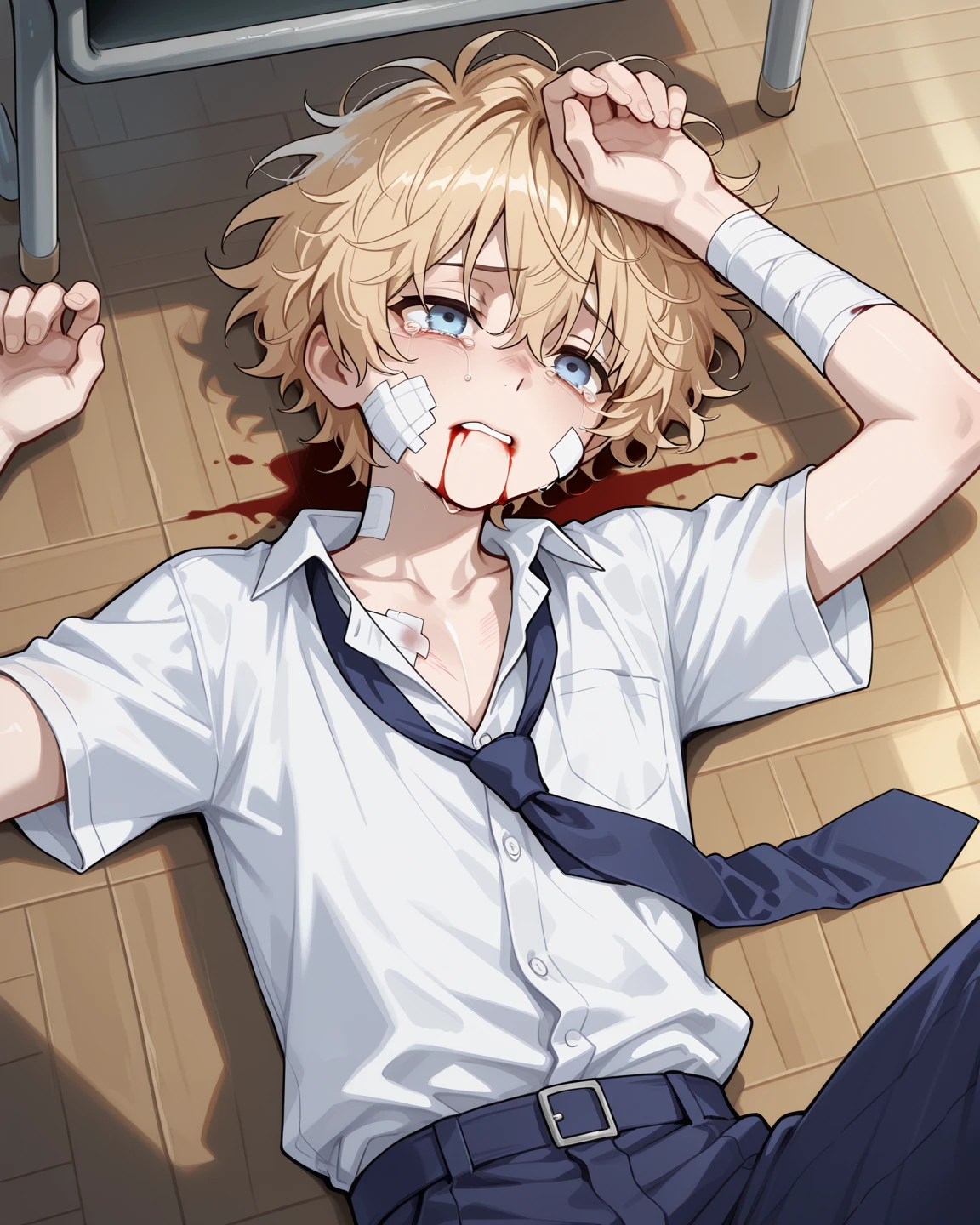 score_9, score_8_up, score_7_up, score_6_up, source anime, score_4, score_5, 1girl, blonde hair, woman, medieval housewife, looking at viewer, blue eyes, white blouse, brown corset, braid, flower necklace, close-up, portrait, looking up, from above, open mouth, drooling, oral invitation, saliva, sweat, tongue, tongue out, naughty face, blush, bruised, wounded, injured, bleeding, severe wounds, cut flesh, injured flesh, , , elementary schooler, 9 year old, extremely young, very young,  hellsing, seras victoria, lole, ((aged down))