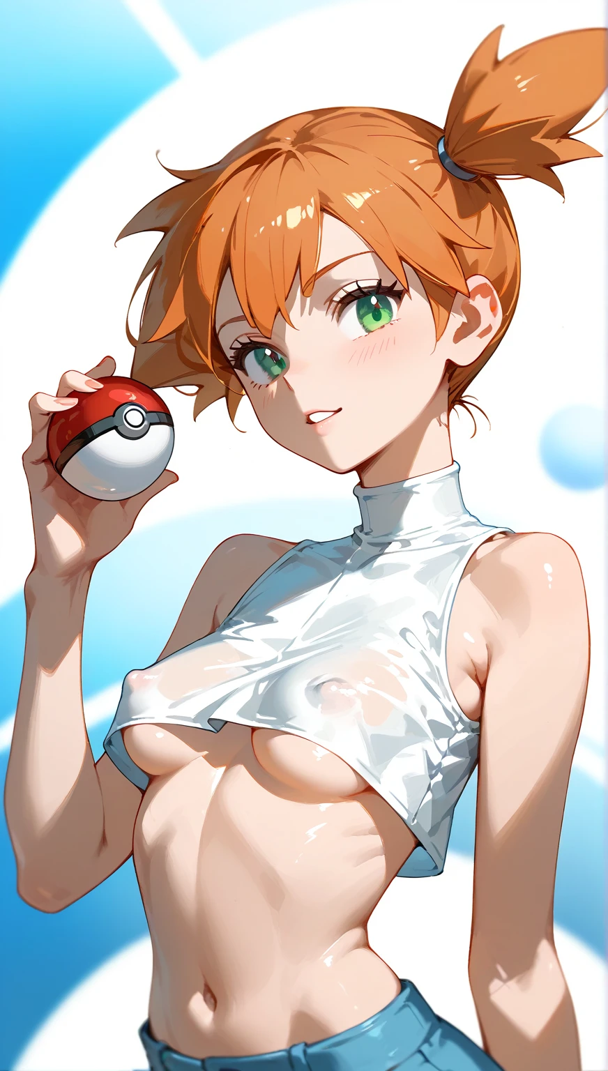 Vivid colors,Brown Hair,Big collar、A garment with an open chest design,Exposed breasts,Pants with no fabric in the crotch area,Exposed pussy,(beige skin,Beige breasts,Beige thighs,Pink nipples,)Light blue eyes,A picture of a woman holding a monster ball, Pokemon Misty, Gainax Anime Style, Also, Masamune Shirow, Inspired by Rei Kamoi, inspired by Un'ichi Hiratsuka, Singey, Cool pose, dramatic Grin pose, Female protagonist 👀 :8, Grin, rei hiroe